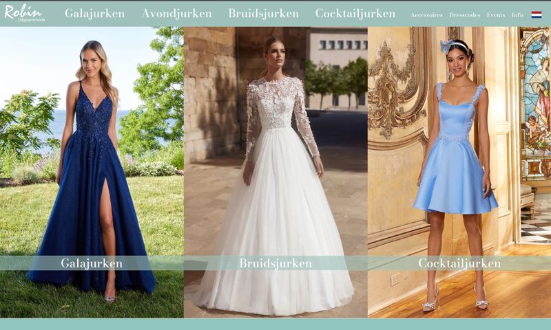 Website van Robin Uitgaansmode voor de algehele collectie jurken en accessoires
