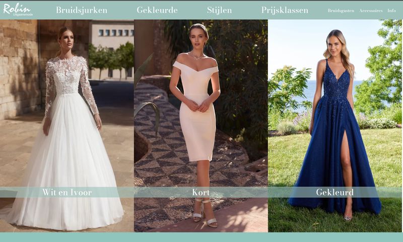 Website van Robin Uitgaansmode voor de trouwjurken collectie en bruidsaccessoires